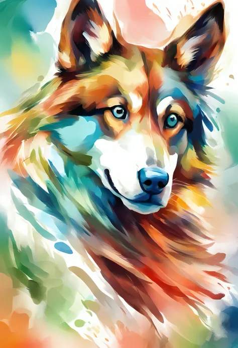 3d aquarela abstrata,fundo escuro,high resolution,alta qualidade,colorido,verde,vermelho,azul, pintura de um cachorro Husky Siberiano branco.