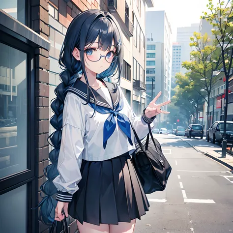 Gray and dark blue hair，With braids，Comes with a pair of thick-rimmed glasses，wearing white clothes，JK school uniform，Black cloth skirt，This is a sweet little loli