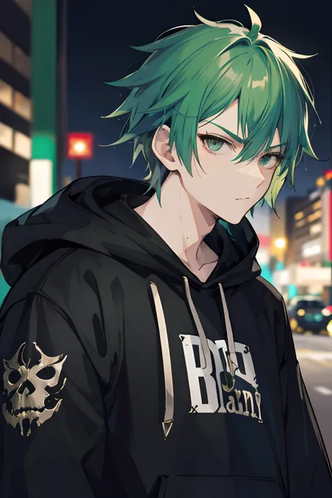 A man, green hair and black eyes, street, badass, cool, glare, potrait, mascular, hoodie, night