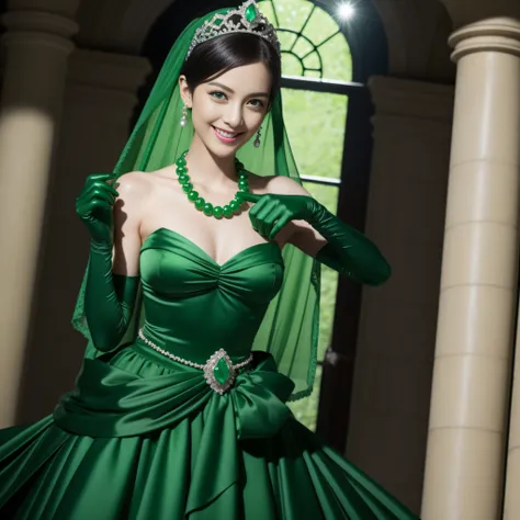 emerald tiara, Green Pearl Necklace, Boyish very short black hair, lipsticks, Japan woman smiling, very short short hair, big breasts beautiful, Green eyes, Long green gloves made of satin material, Green eyes, Emerald Earrings