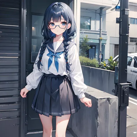 Gray and dark blue hair，With braids，Comes with a pair of thick-rimmed glasses，wearing white clothes，JK school uniform black cloth dress，Its a cute little loli