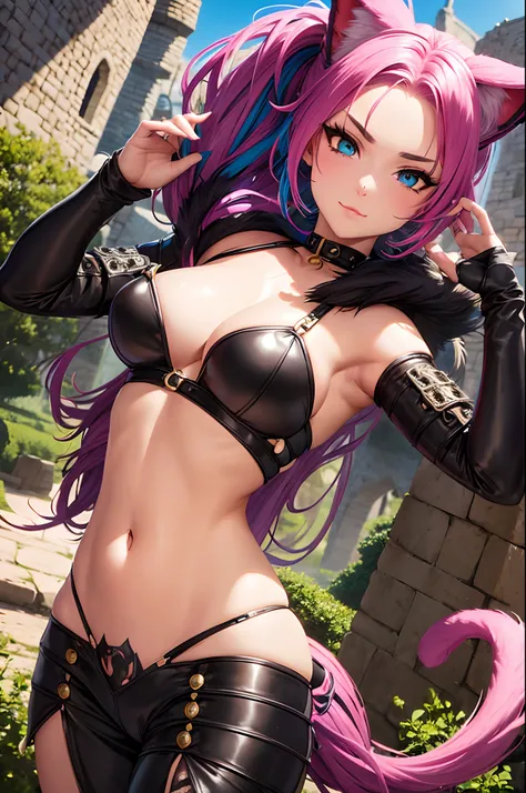 Furry cat girl with a ponytail, (cat-like tail), seductively exploring a medieval fantasy castle, revealing a highly detailed face and captivating eyes, dressed in provocative micro armor, visible navel, surrounded by vibrant and colorful scenery, rendered...