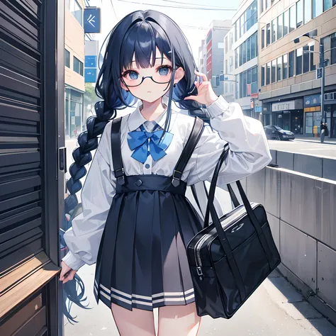 Gray and dark blue hair，With braids，Comes with a pair of thick-rimmed glasses，wearing white clothes，JK school uniform black cloth dress，Short，Its a cute little loli