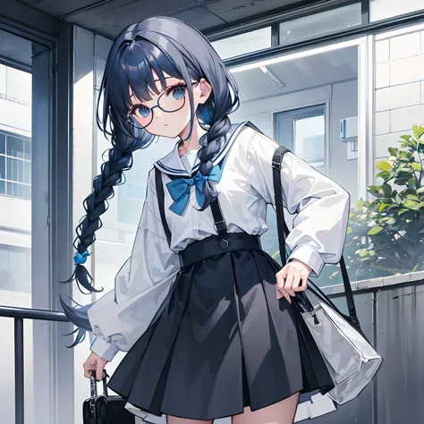 Gray and dark blue hair，With braids，Comes with a pair of thick-rimmed glasses，wearing white clothes，JK school uniform black cloth dress，Short，Its a cute little loli