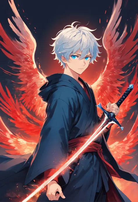 A young man with white curly hair is vibrant blue eyes in a black robe with a black robe with red holding a black iron sword with blood wing