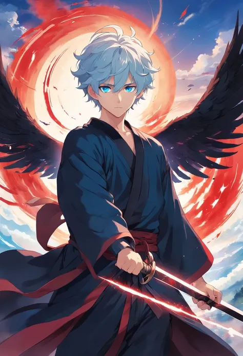 A young man with white curly hair is vibrant blue eyes in a black robe with a black robe with red holding a black iron sword with blood wing flying through the sky