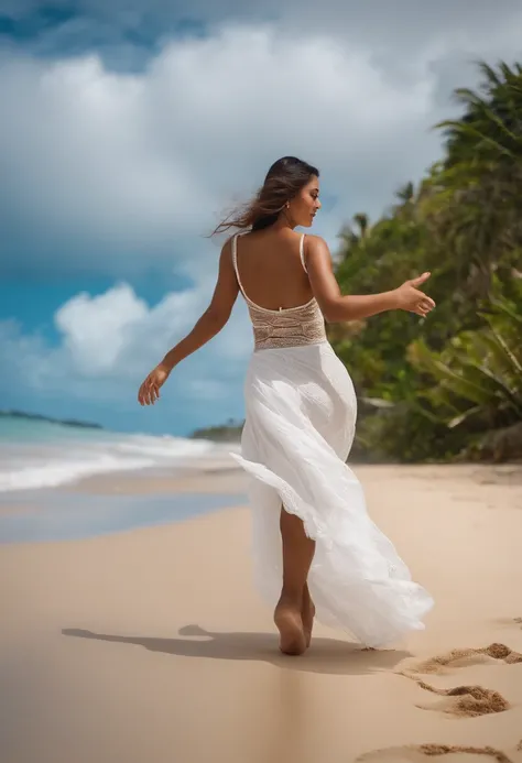 femme mi chinoise mi tahitenne  gros sein avec un jolie regard qui danse sur la plage de sable blanc