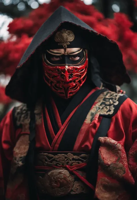 a ninja with a Japanese oni mask, com uma roupa preta, menacingly