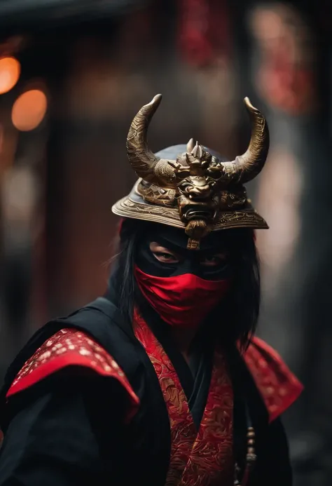 a ninja with a Japanese oni mask, com uma roupa preta, menacingly