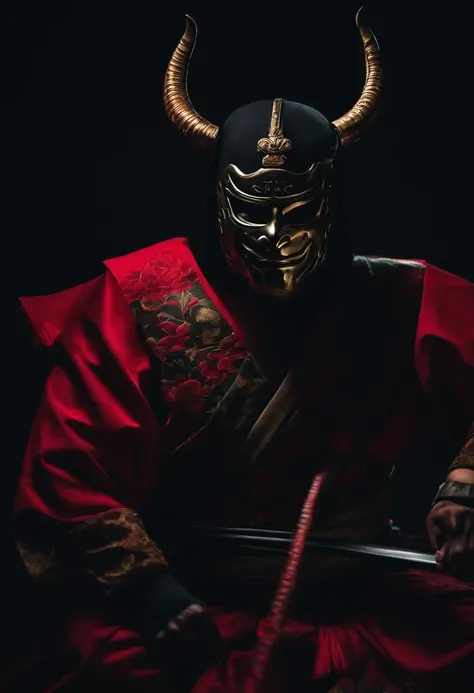 a ninja with a Japanese oni mask, com uma roupa preta, menacingly