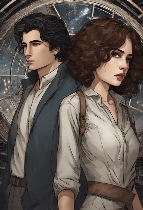 Make the cover of a romance book with the couple enm standing looking at the galaxy. Woman with wavy hair and man with wavy dark hair. She wears librarians clothes and he wears clothes from the 40s.