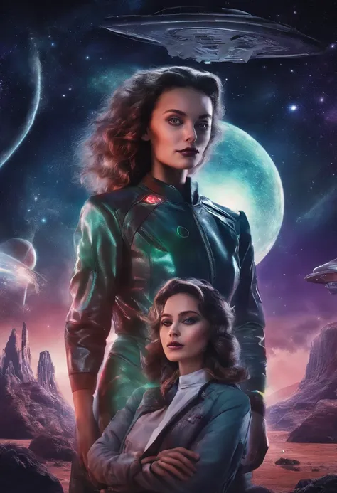 Make the cover of a romance book with the couple enm standing looking at the galaxy. Woman with wavy hair and man with wavy dark hair. She wears librarians clothes and he wears clothes from the 40s.