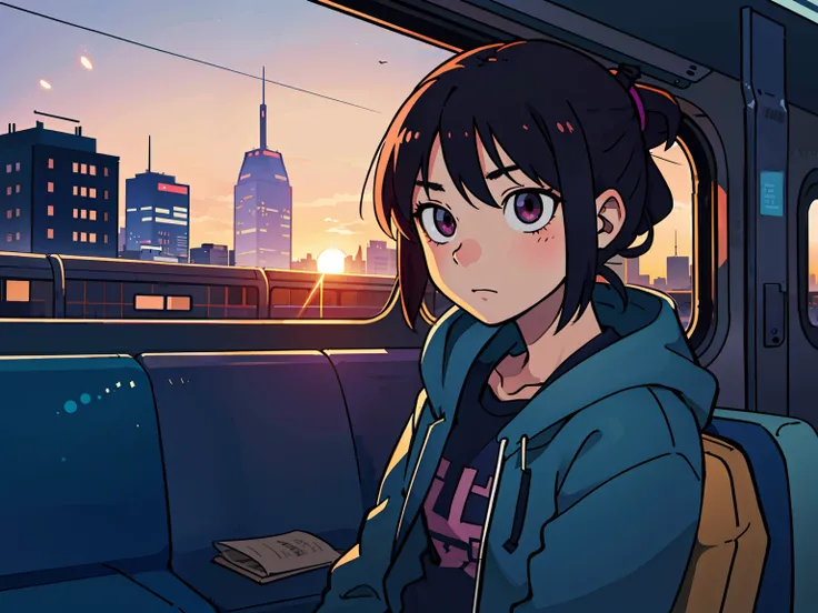 Teenage girl on the train, Unclean,  City Background, Sunset
(top-quality:0.8), (top-quality:0.8), perfect anime illustration, Dark indistinct face, Glowing eyes