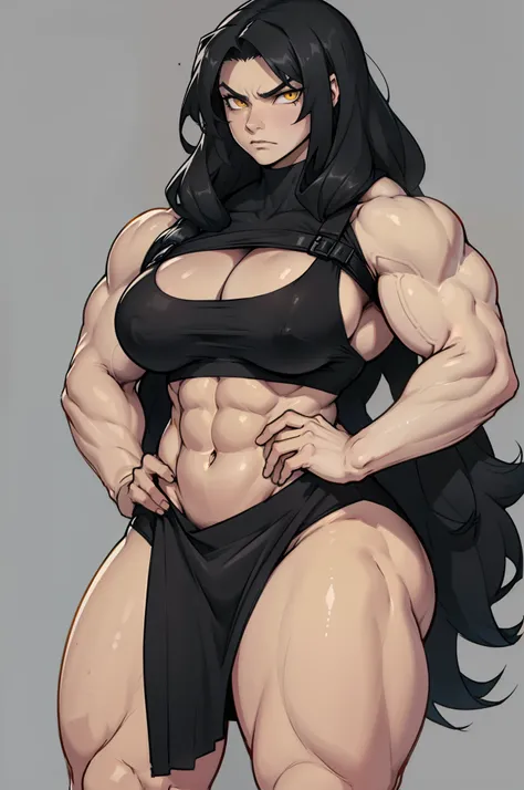 ((grey background)), solo, ((((1 girl)))), very long hair, black hair, angry, yellow eyes, (((((muscular))))), (huge tits), (thick thighs), (wide hips), pale skin, standing, slick hair