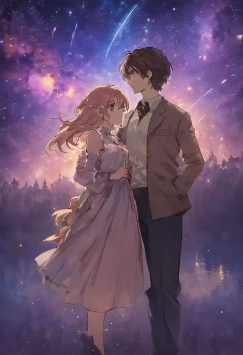 Make the cover of a romance book with the couple enm standing looking at the galaxy. Woman with wavy hair and man with wavy dark hair. She wears librarians clothes and he wears clothes from the 40s.