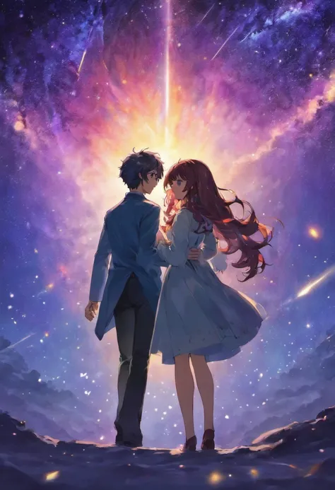 Make the cover of a romance book with the couple enm standing looking at the galaxy. Woman with wavy hair and man with wavy dark hair. She wears librarians clothes and he wears clothes from the 40s.