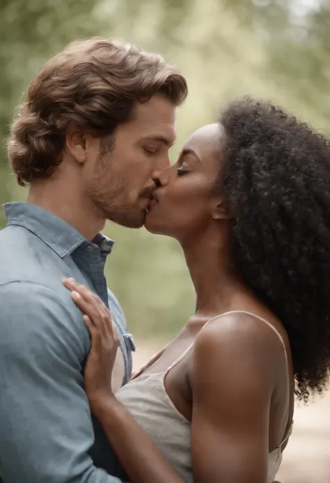 Masterpiece, a couple, Caucasian man, afro woman, love, kiss, high detail, perfect anatomy, photorealistic.