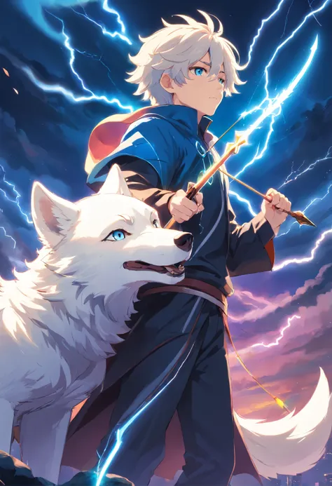 A young teenage man with a white wolf tail with white curly hair with blue tips and white eyes in a black outfit with a rainbow cape holding a lightning bow and arrow