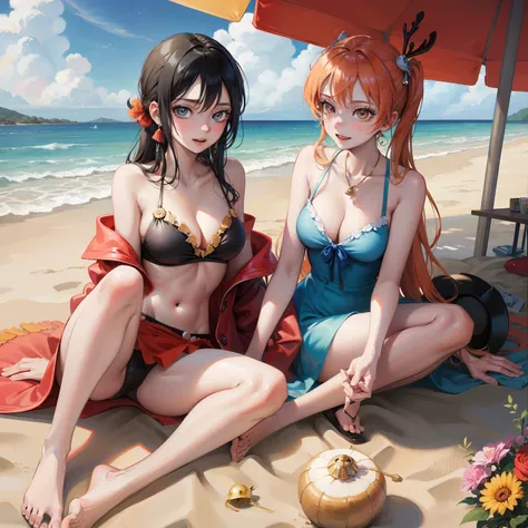 anime characters are sitting on the ground , by Eiichiro Oda, inspired by Eiichiro Oda, one piece, from one piece, nami one piece, Nico Robin from one piece in style, nami from one piece, eiichiro oda style, one piece artstyle, style of eiichiro oda, hq ar...