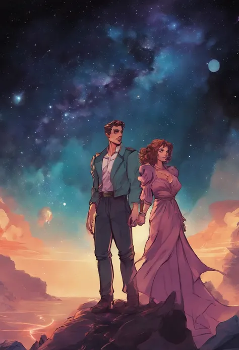 Make the cover of a romance book with the couple enm standing looking at the galaxy. mulher com cabelo ondulado loiro e homem com cabelo escuro ondulado. She wears librarians clothes and he wears clothes from the 40s.