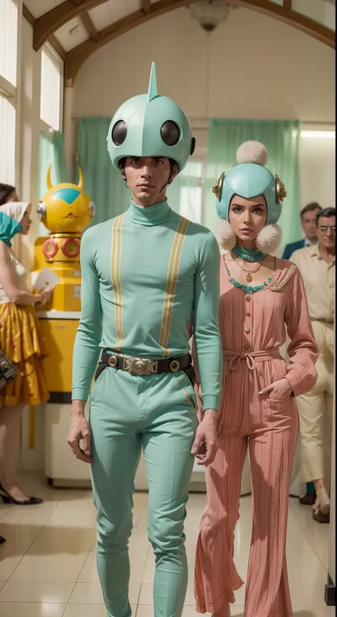 8k portrait of a 1960s science fiction film by Wes Anderson, Vogue anos 1960, pastels colors, There are men wearing weird futuristic masks and wearing extravagant retro fashion outfits and men wearing alien makeup and old ornaments with mechanical pets at ...