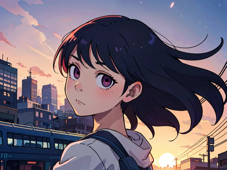 Teenage girl on the train, Unclean,  City Background, Sunset
(top-quality:0.8), (top-quality:0.8), perfect anime illustration, Dark indistinct face, Glowing eyes