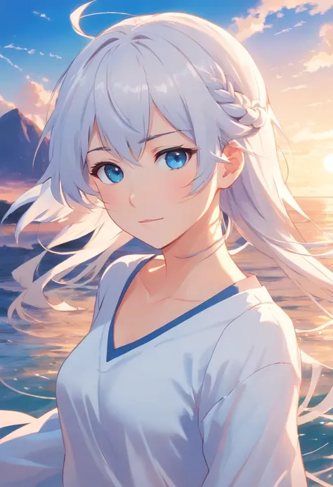 Excellent, masterpiece, white hair, blue eyes, white clothes, upper body, hair, fair skin, side braids, best quality