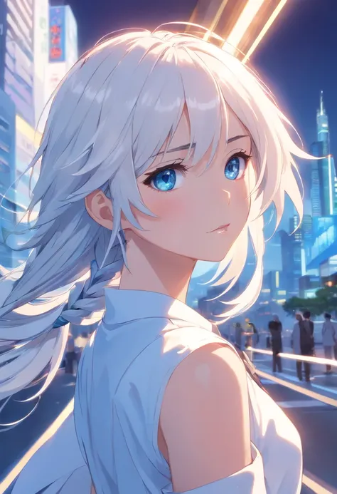 Excellent, masterpiece, white hair, blue eyes, white clothes, upper body, hair, fair skin, side braids, best quality