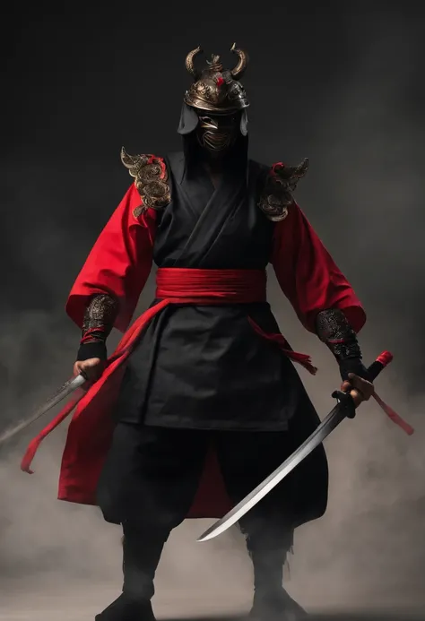 a ninja with a Japanese oni mask, com uma roupa preta, menacingly