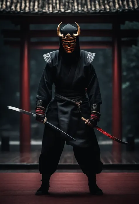 a ninja with a Japanese oni mask, com uma roupa preta, menacingly