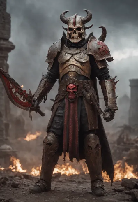 metal maden male chaos warrior of khorne in armor is holding a great sword in a ruined post-apocalyptic city, skulls mask, sci-fi, fantasy, horror, skulls on the ground, blood, Tornado, Roman, Empty chairs,Tangled roots,Key, Warped,Mangled,Ethereal, (Isola...