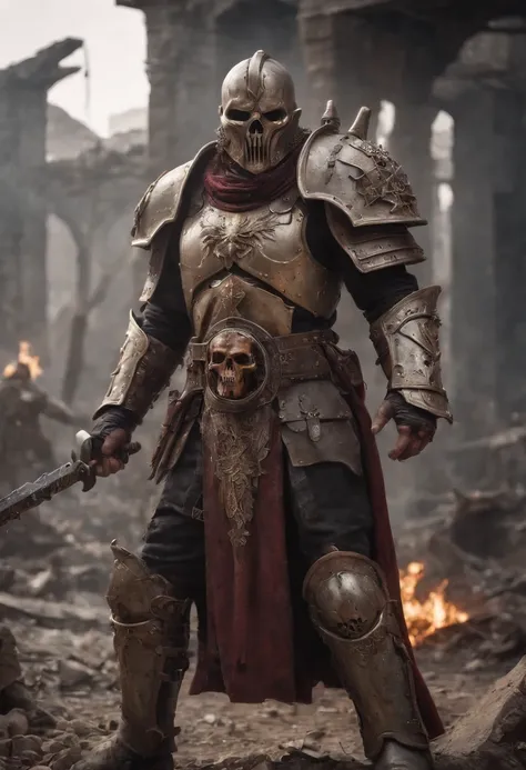 metal maden male chaos warrior of khorne in armor is holding a great sword in a ruined post-apocalyptic city, skulls mask, sci-fi, fantasy, horror, skulls on the ground, blood, Tornado, Roman, Empty chairs,Tangled roots,Key, Warped,Mangled,Ethereal, (Isola...