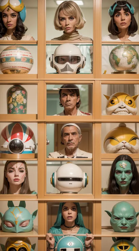 8k portrait of a 1960s science fiction film by Wes Anderson, Vogue anos 1960, pastels colors, There are people wearing weird futuristic masks and wearing extravagant retro fashion outfits and men and women wearing alien makeup and old ornaments with mechan...