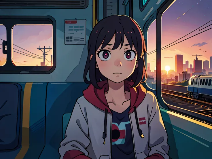 Teenage girl on the train, Unclean,  City Background, Sunset
(top-quality:0.8), (top-quality:0.8), perfect anime illustration, Dark indistinct face, Glowing eyes