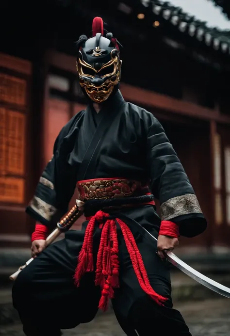 a ninja with a Japanese oni mask, com uma roupa preta, menacingly