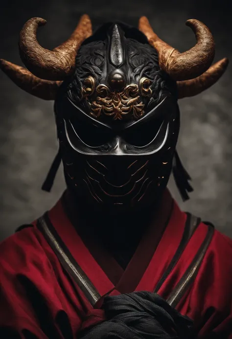 a ninja with a Japanese oni mask, com uma roupa preta, menacingly