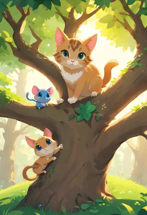 cute cat and mouse on a tree