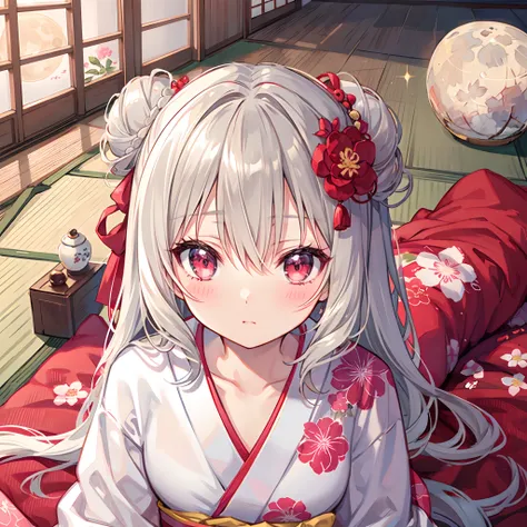 Wavy gray hair、Bun head、red eyes、sparkly eyes、Beautiful girl alone、Floral kimono、Beautiful Moon、natta、red blush、traditional Japanese room