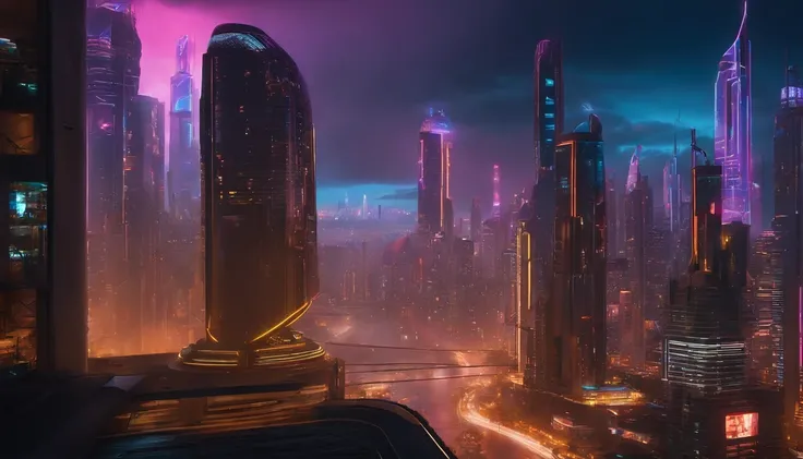 (obra prima) cidade no estilo cyberpunk, illuminated sky, neon light, imagem vista do zero, paisagem ampla, cidade futurista