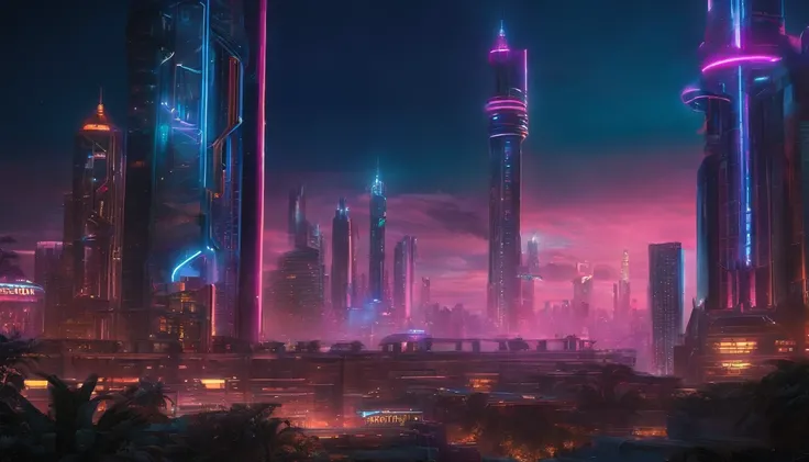 (obra prima) cidade no estilo cyberpunk, illuminated sky, neon light, imagem vista do zero, paisagem ampla, cidade futurista