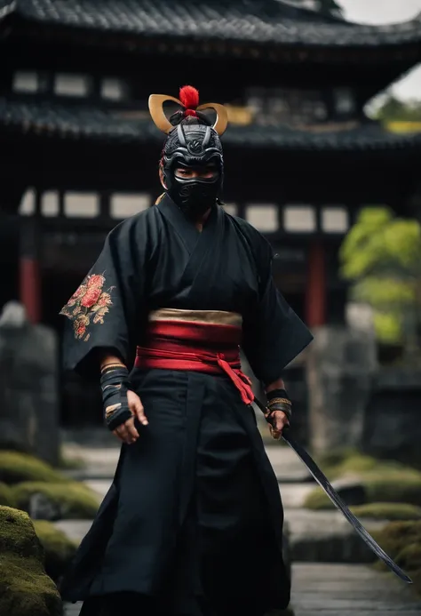 a ninja with a Japanese oni mask, com uma roupa preta, menacingly