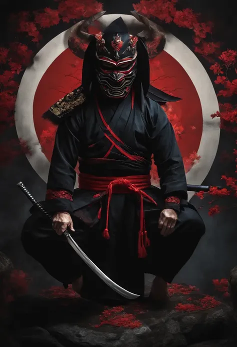 a ninja with a Japanese oni mask, com uma roupa preta, menacingly