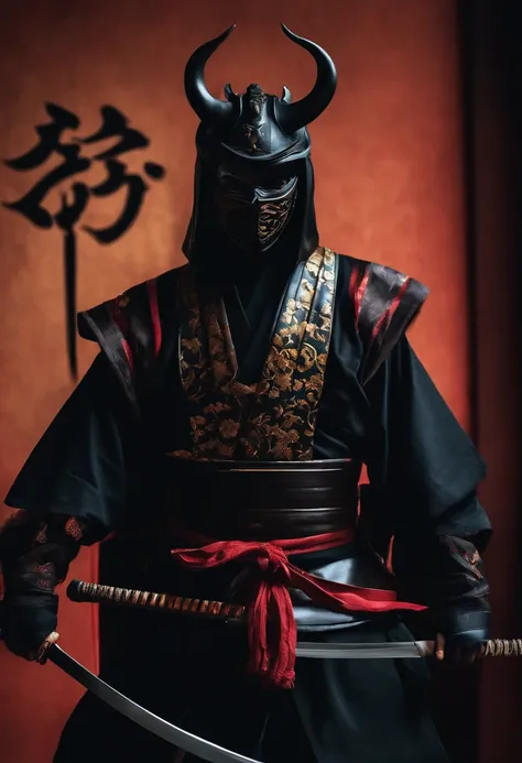 a ninja with a Japanese oni mask, com uma roupa preta, menacingly