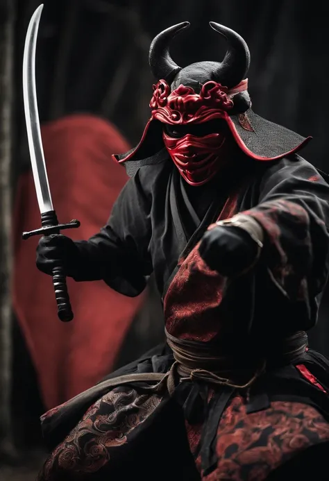 a ninja with a Japanese oni mask, com uma roupa preta, menacingly