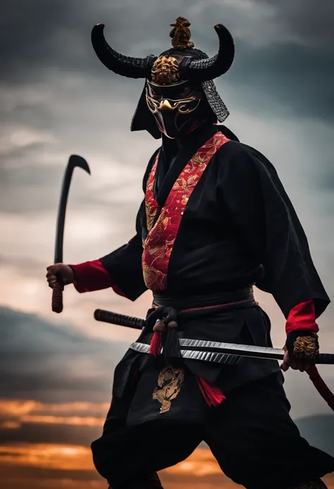 a ninja with a Japanese oni mask, com uma roupa preta, menacingly