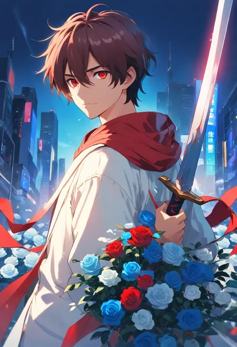 A young teenage man with straight hair is white with blood red eyes with a white outfit is blue with a large coat holding a sword of blue roses