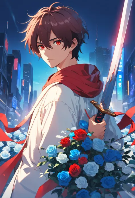 A young teenage man with straight hair is white with blood red eyes with a white outfit is blue with a large coat holding a sword of blue roses