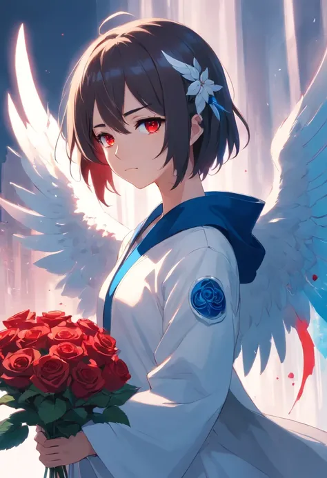 A young teenager with straight hair is white with blood red eyes with a white outfit is blue with a large coat holding a sword of blue roses with wings