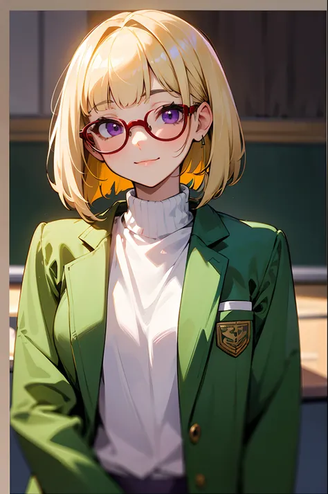 An 18-year-old woman、a blond、Blunt bangs、bob cuts, Straight hair、Purple eyes、Dark green jacket、White Turtleneck Shirt、Gray slacks、Red framed glasses、A slight smil、Upright in the classroom、The upper part of the body