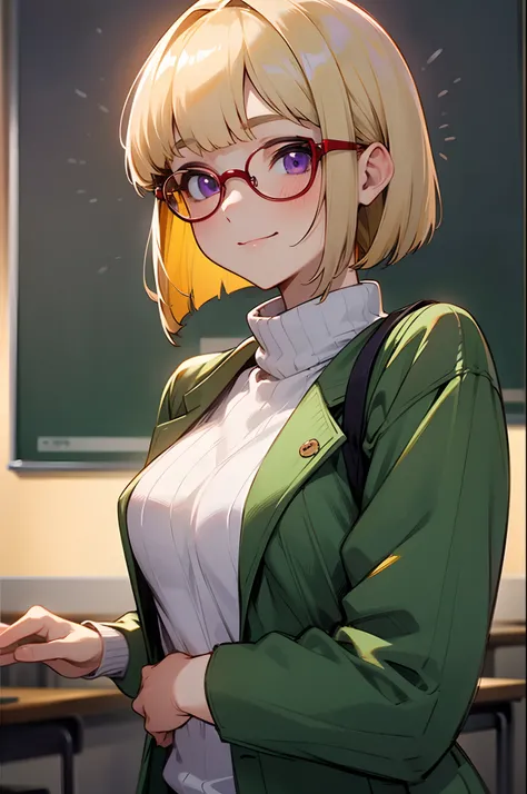 An 18-year-old woman、a blond、Blunt bangs、bob cuts, Straight hair、Purple eyes、Dark green jacket、White Turtleneck Shirt、Gray slacks、Red framed glasses、A slight smil、Upright in the classroom、The upper part of the body